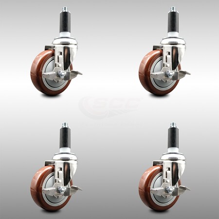 Service Caster 4 Inch 316SS Maroon Poly Swivel 1 Inch Expanding Stem Caster Set Brake SCC SCC-SS316EX20S414-PPUB-MRN-TLB-1-4